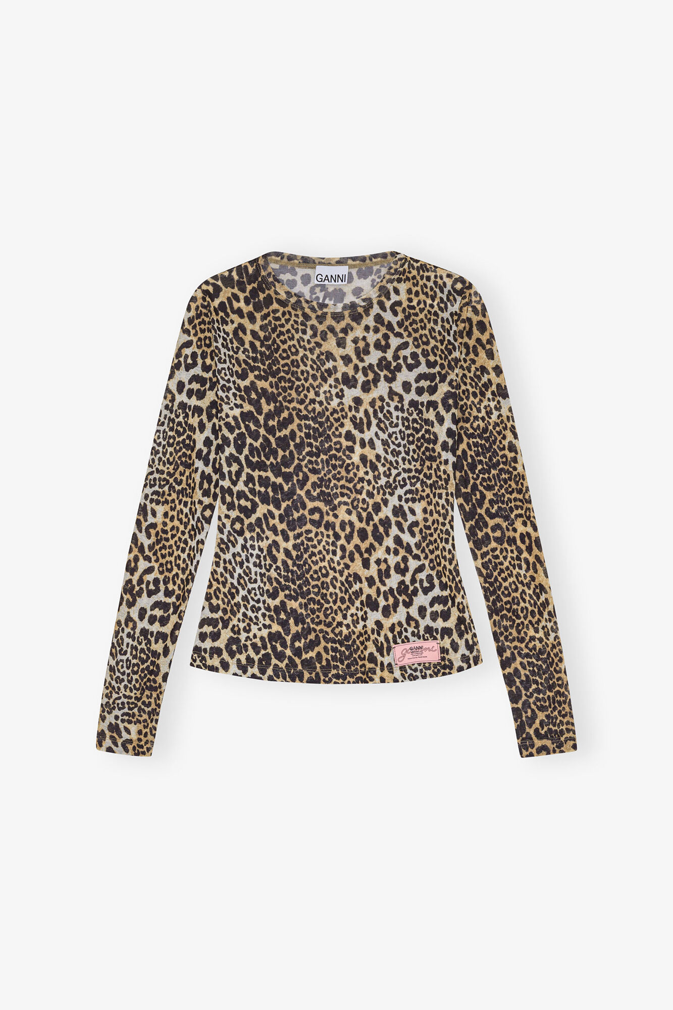 Leopard Printed Mesh Long-sleeve Blouse, Recycled Polyester, in colour Leopard - 1 - GANNI