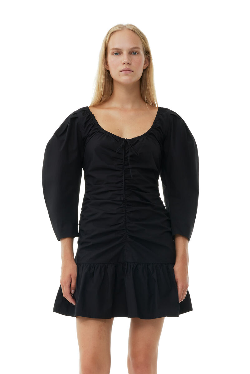 Black Cotton Poplin Gathered U-neck Mini Kleid, Cotton, in colour Black - 2 - GANNI
