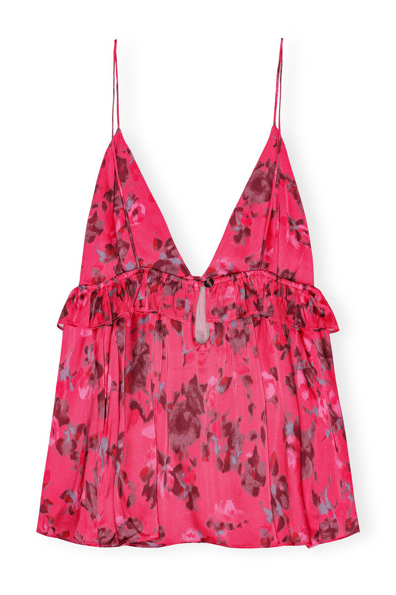 Red Floral Printed Satin Stroptop, in colour Raspberry Wine - 2 - GANNI