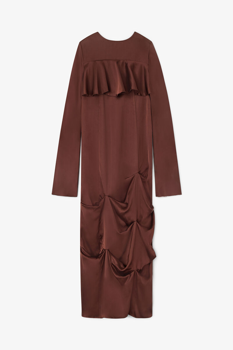 Brown Ruffle Dress, Viscose, in colour Chicory Coffee - 1 - GANNI