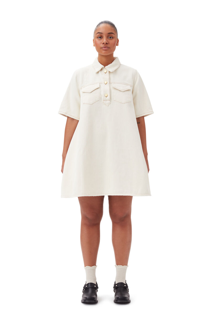 White Heavy Denim Mini Dress, Cotton, in colour Egret - 5 - GANNI