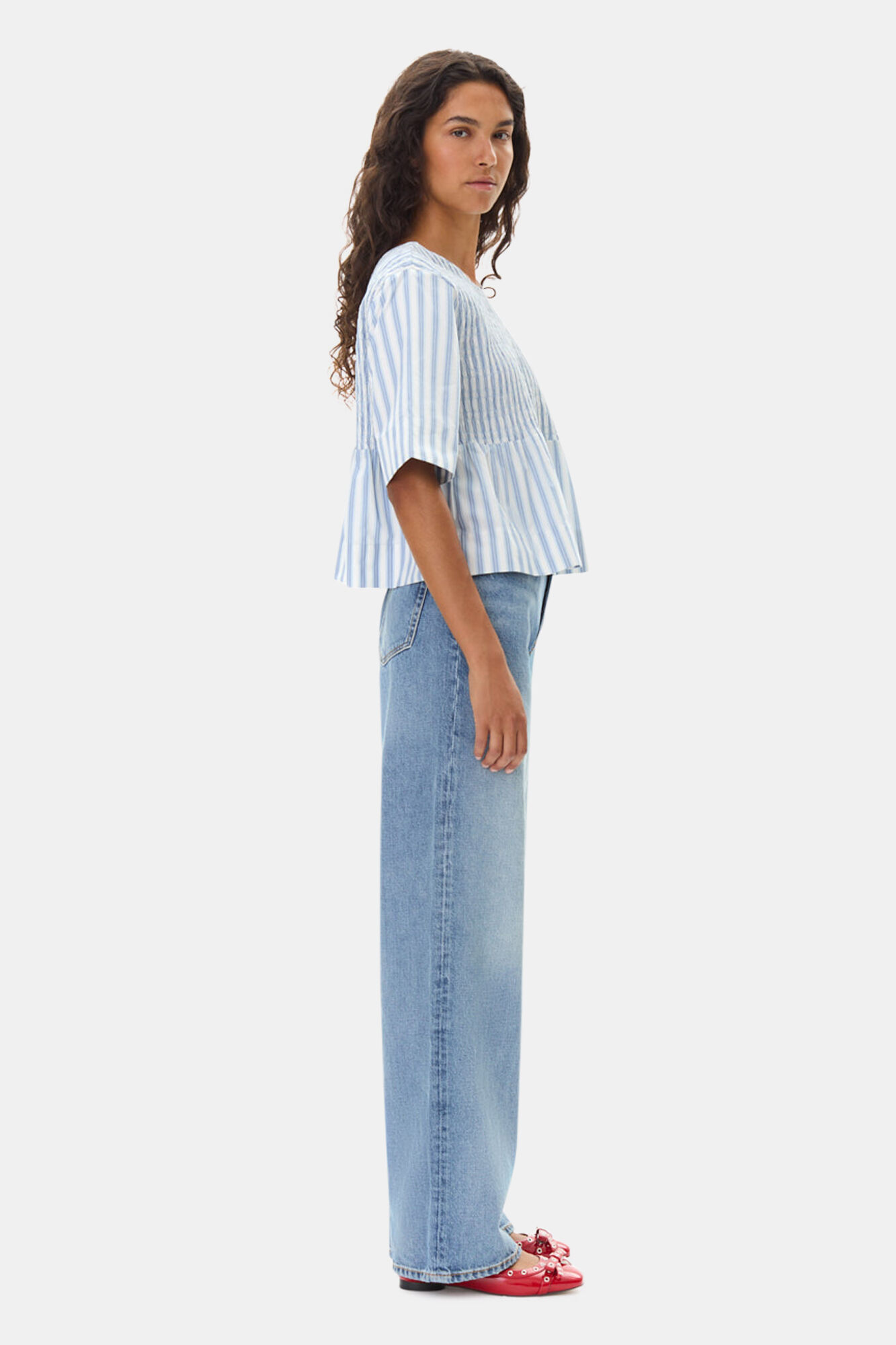 Blue Stripe Cotton Smock Blouse, Cotton, in colour Egret - 3 - GANNI