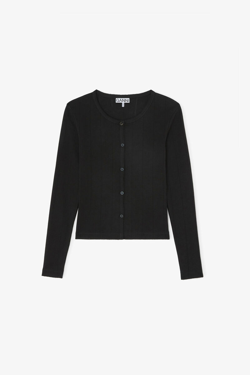 Oberteil aus schwarzem Pointelle, Organic Cotton, in colour Black - 1 - GANNI