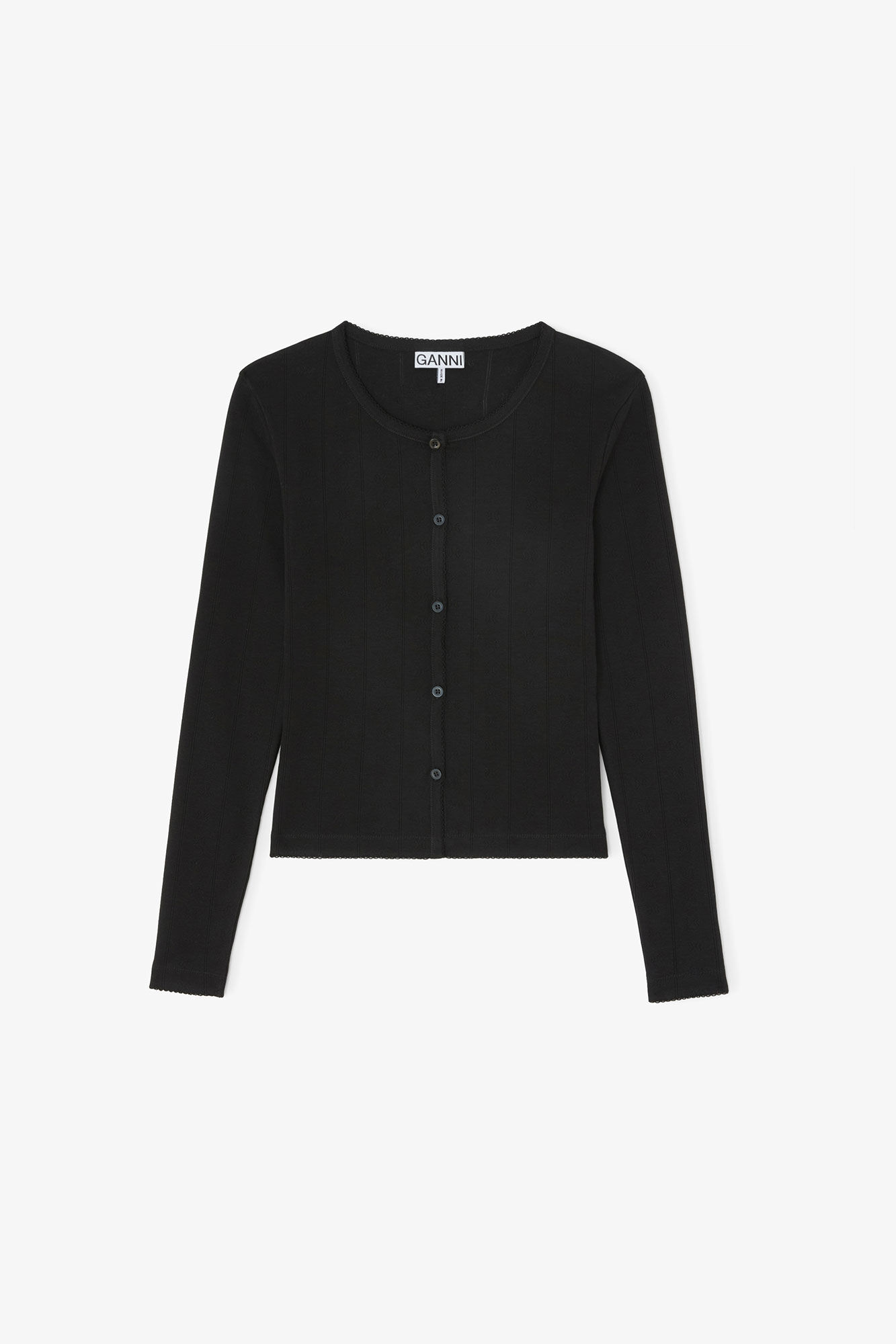 Oberteil aus schwarzem Pointelle, Organic Cotton, in colour Black - 1 - GANNI