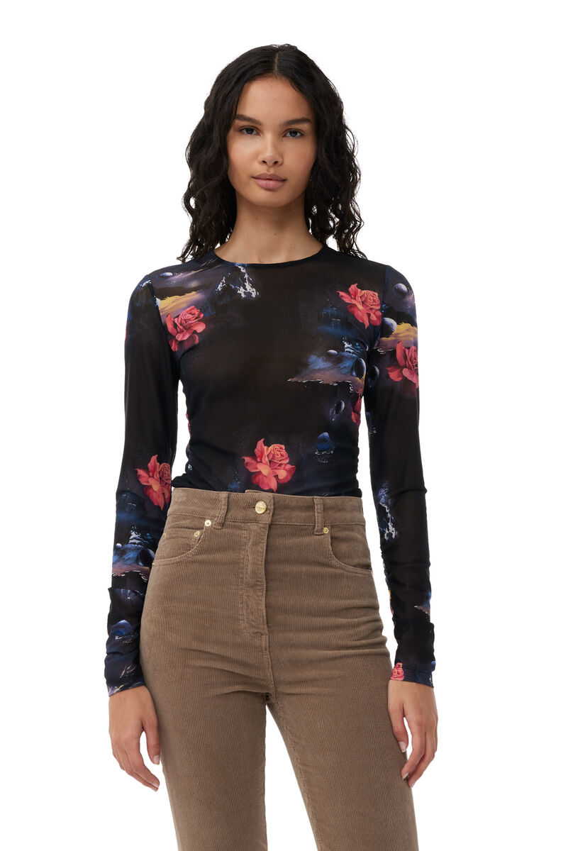 Black Printed Mesh Long Sleeve Gathered Bluse | GANNI DE