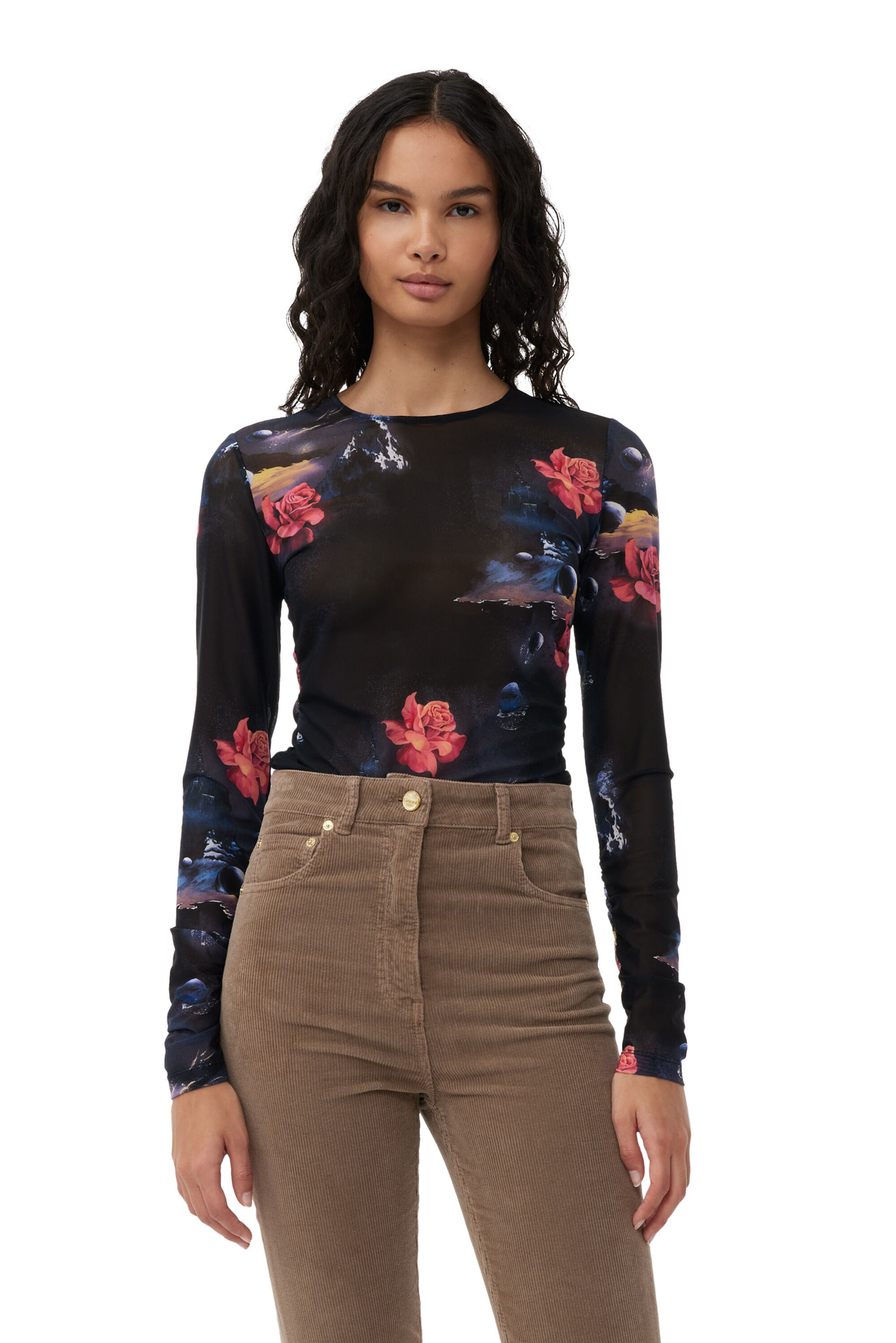 Black Printed Mesh Long Sleeve Gathered Bluse | GANNI DE