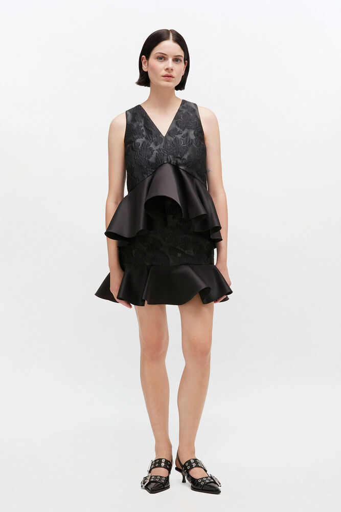 Satin Cloque Peplum Top, Jet Black