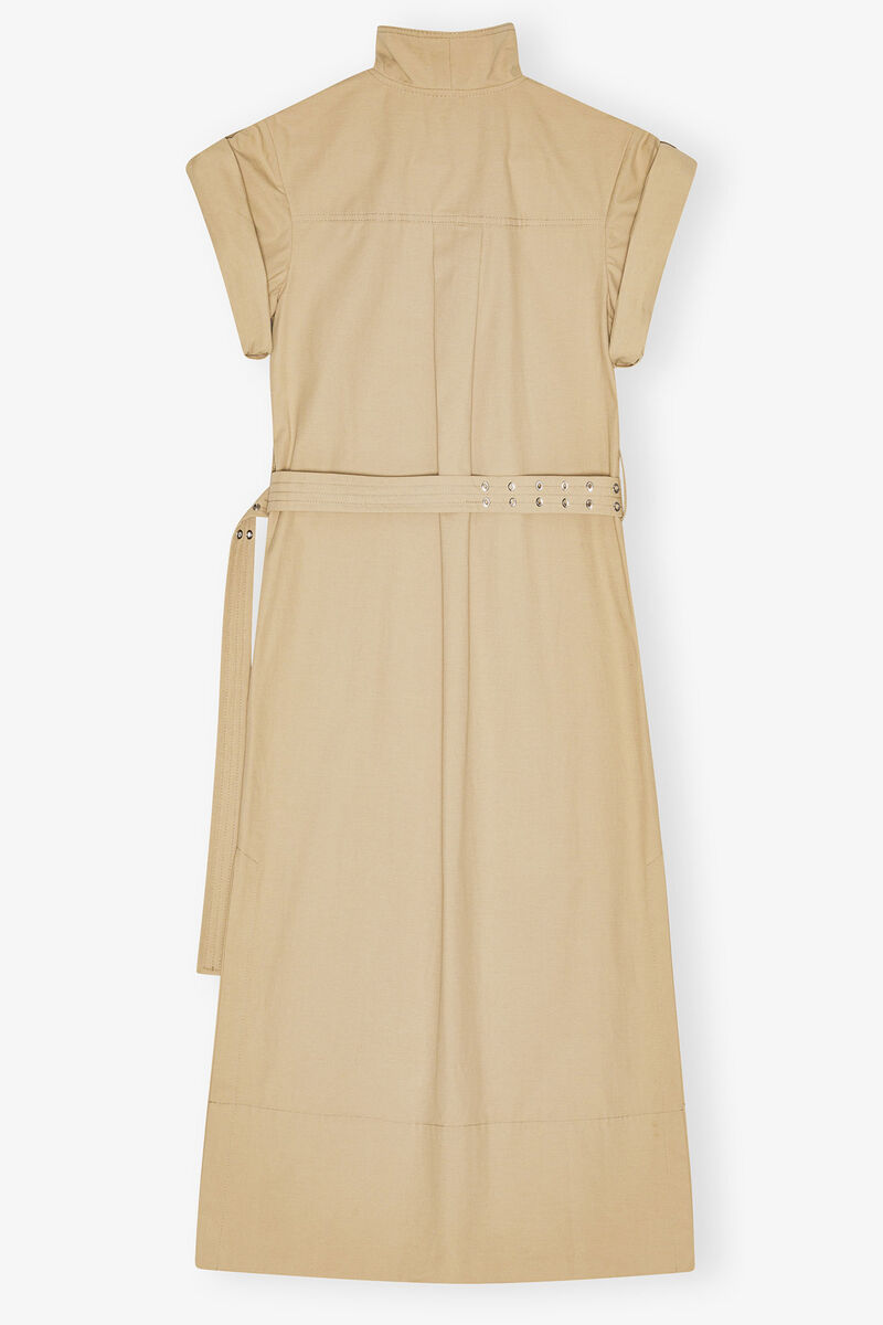 Beige Stretch Cotton Dress, Linen, in colour Pale Khaki - 2 - GANNI