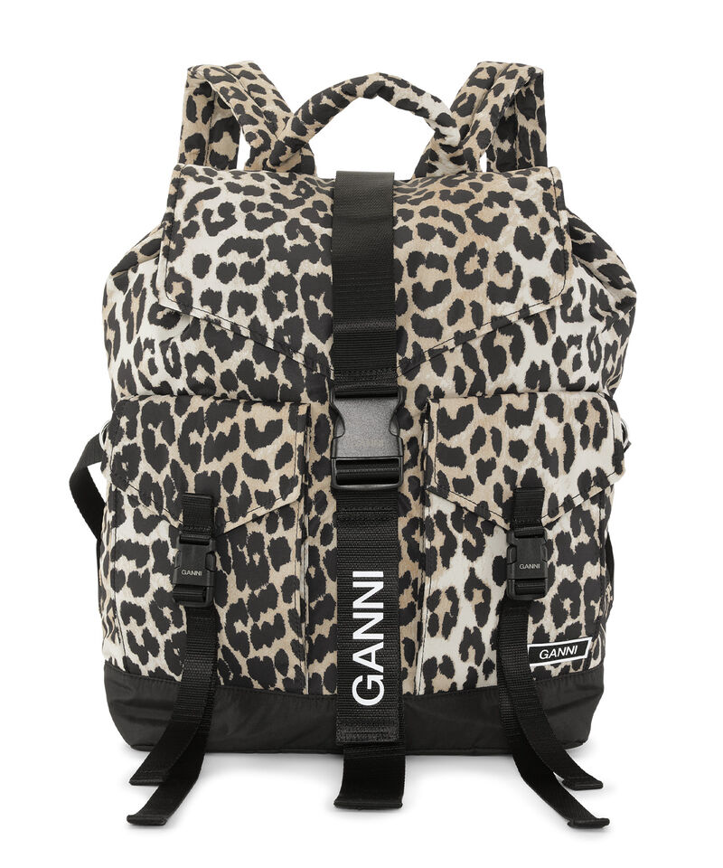 Leopard Tech Rygsæk, Recycled Polyester, in colour Leopard - 1 - GANNI