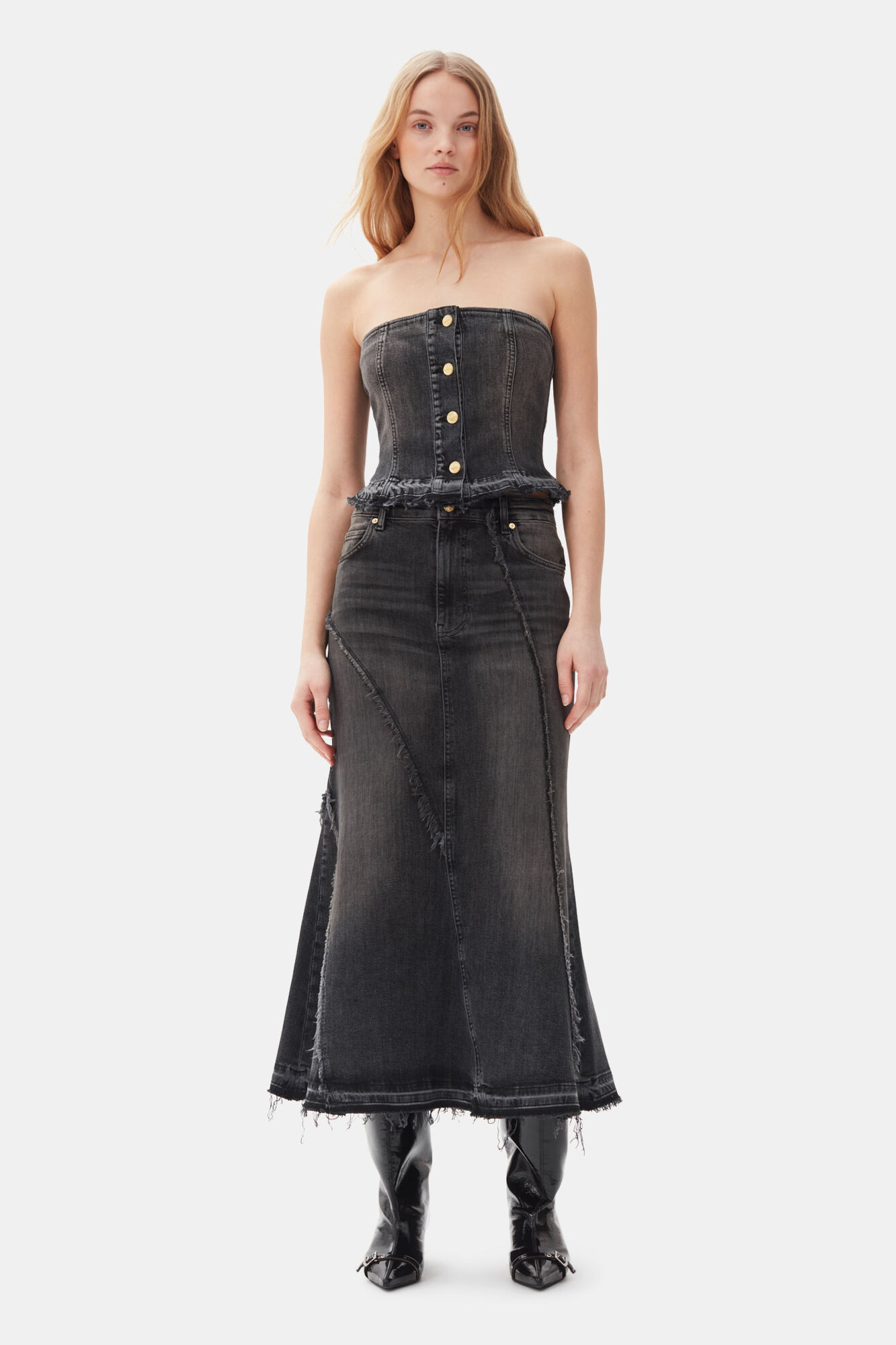 Washed Black Denim topp, Elastane, in colour Washed Black/Black - 2 - GANNI