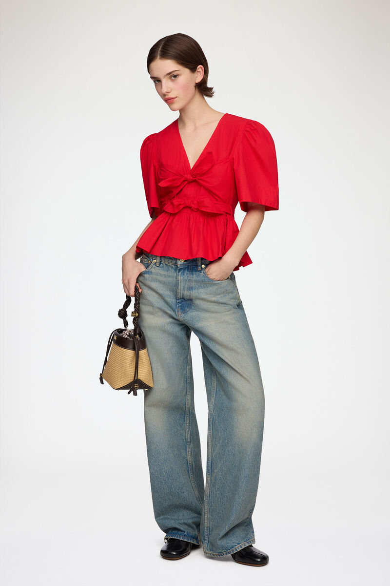 Blouse in Red Cotton, Organic Cotton, in colour Racing Red - 2 - GANNI