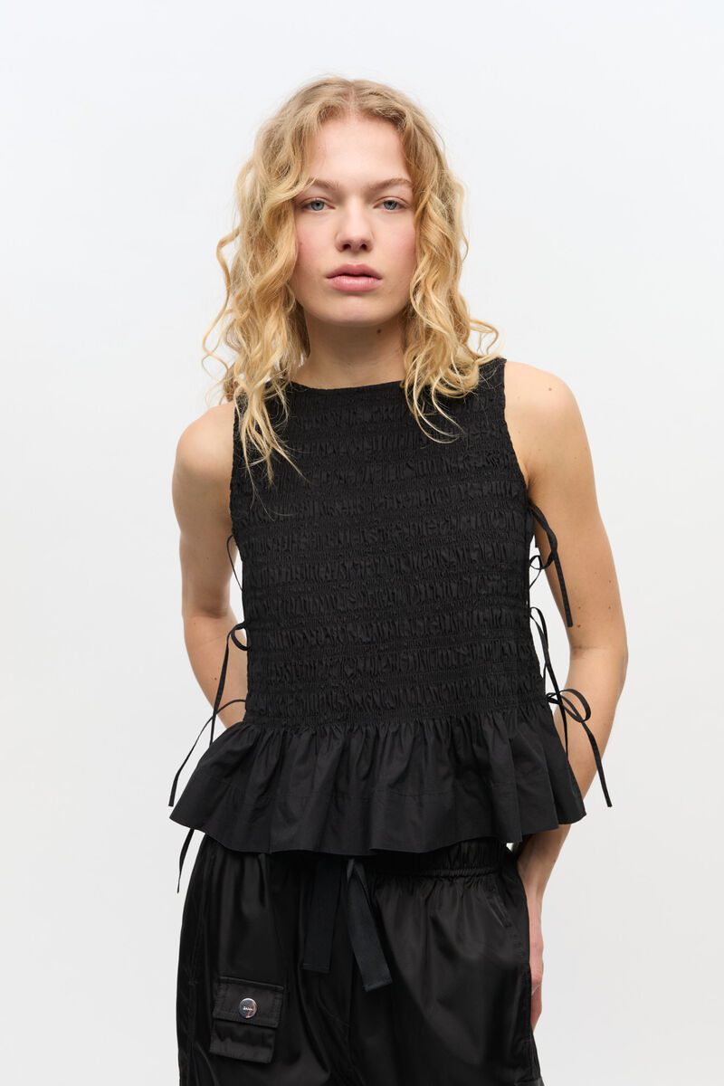 Black Cotton Smock Tie Top, Cotton, in colour Black - 1 - GANNI