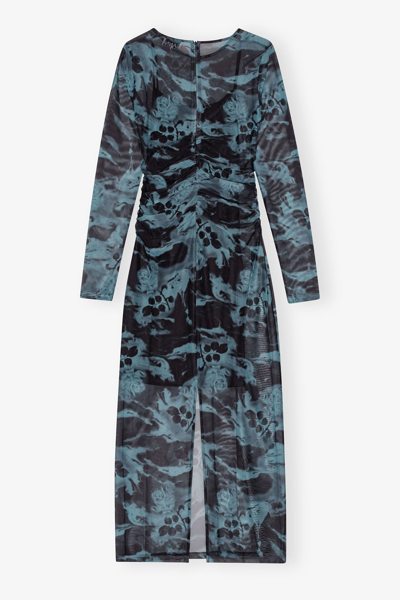 Blue Printed Mesh O-neck Ruched Long Dress, Elastane, in colour Blue Shadow - 2 - GANNI