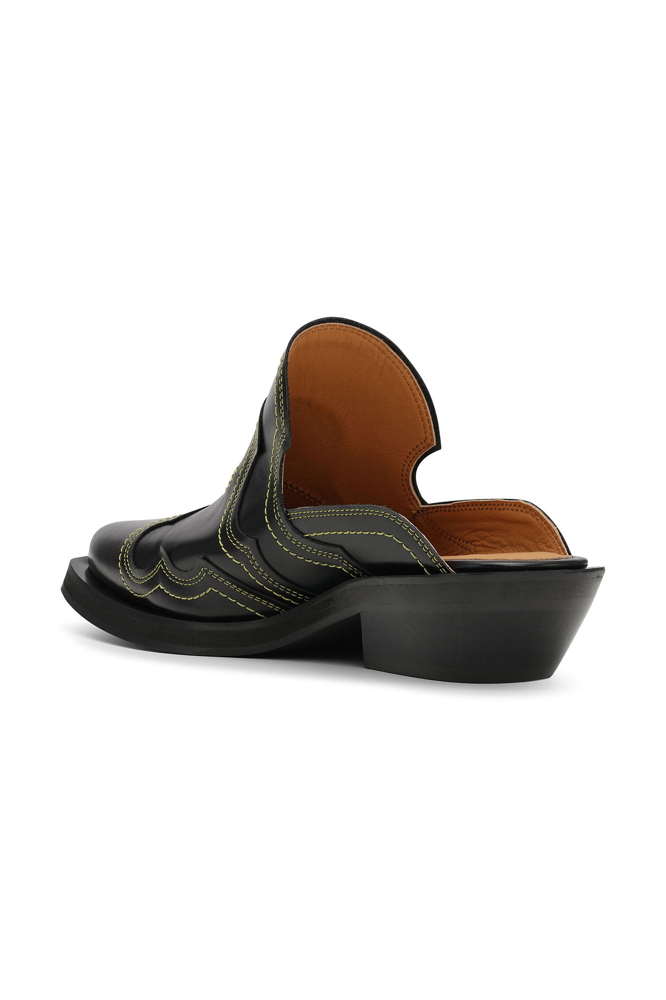 Embroidered Western Mules, Calf Leather, in colour Black/Yellow - 2 - GANNI
