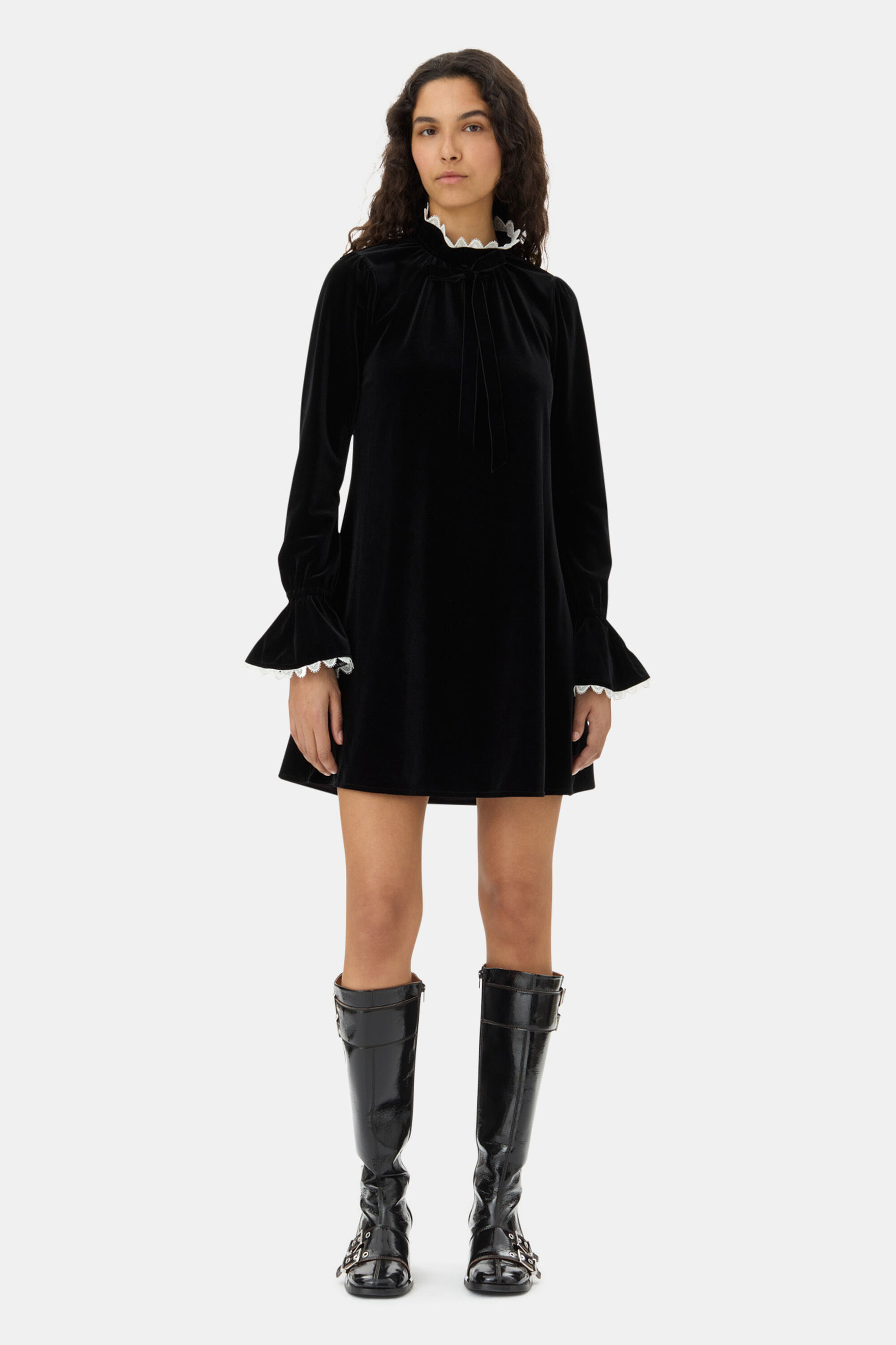 Black Black Velvet Jersey A-line Mini Dress | GANNI US 