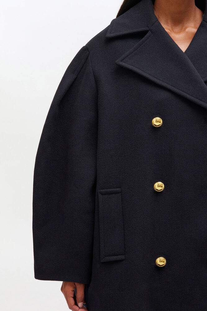 Dark Blue Wool Oversized Midi Peacoat, Sky Captain