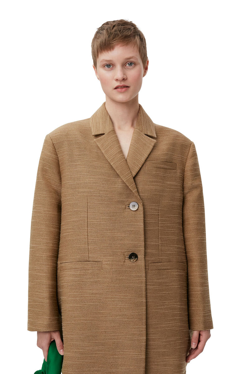 Brown Slub Linen Oversized Blazer, LENZING™ ECOVERO™, in colour Petrified Oak - 7 - GANNI