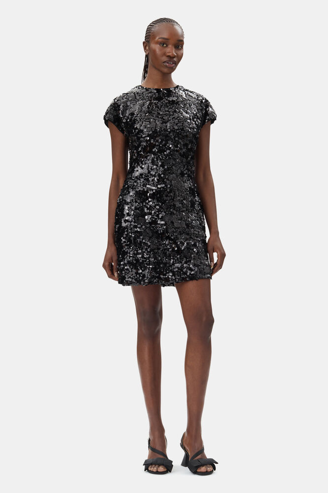Black Velvet Sequins Mini Dress, Black