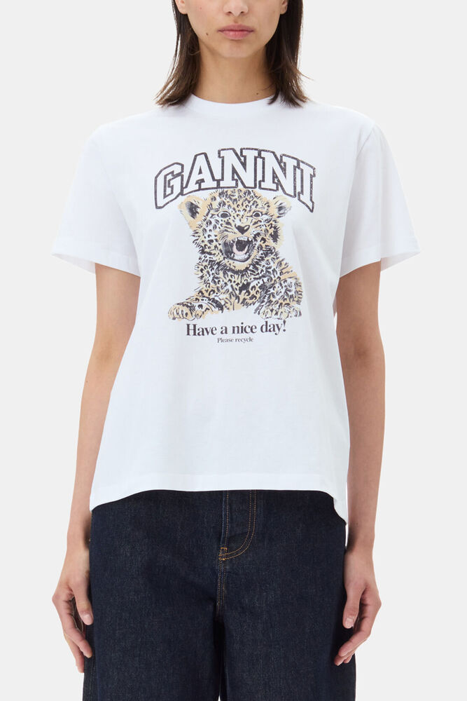 White Basic Jersey Leopard Relaxed T-shirt, Leopard