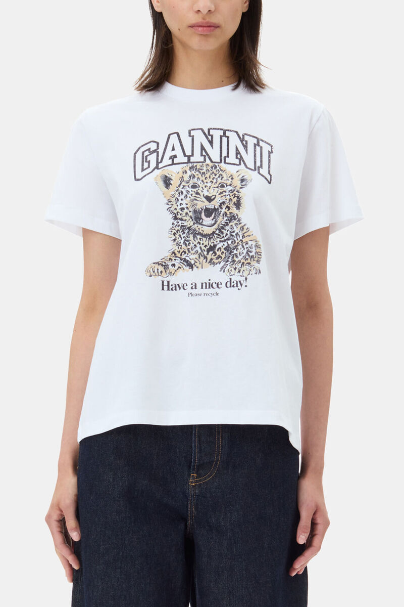 White Basic Jersey Leopard Relaxed T-shirt, Organic Cotton, in colour Leopard - 1 - GANNI