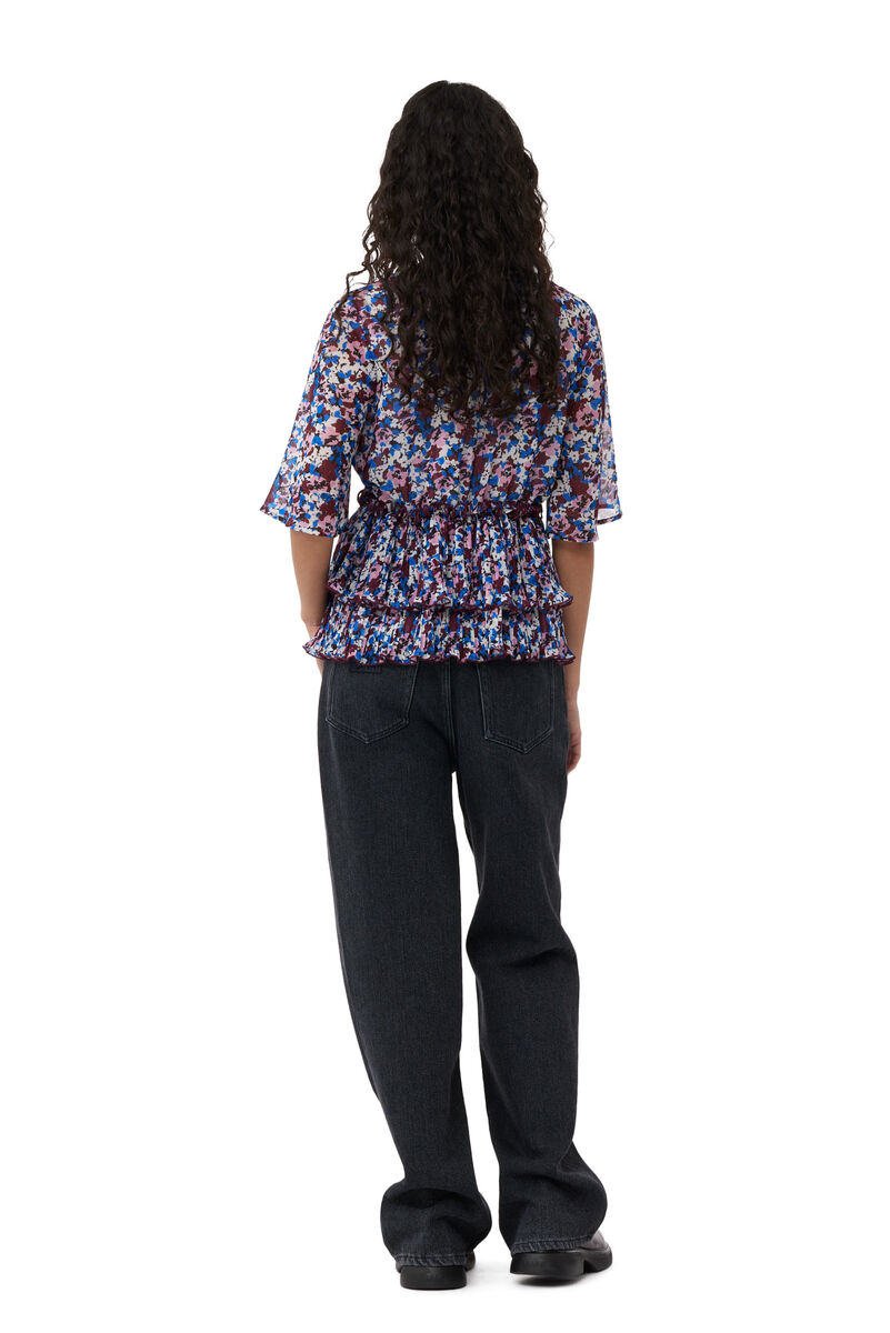 Multicolour Multicolour Pleated Georgette V-neck Flounce Blouse  