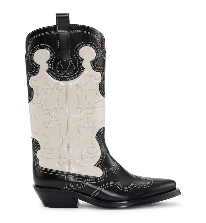 Ganni Black/White Mid Shaft Embroidered Western Boots