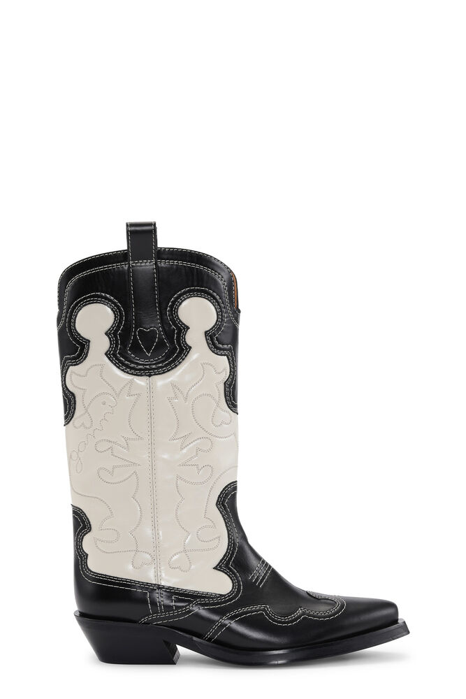 GANNI Black/White Mid Shaft Embroidered Western Boots,Black/Egret