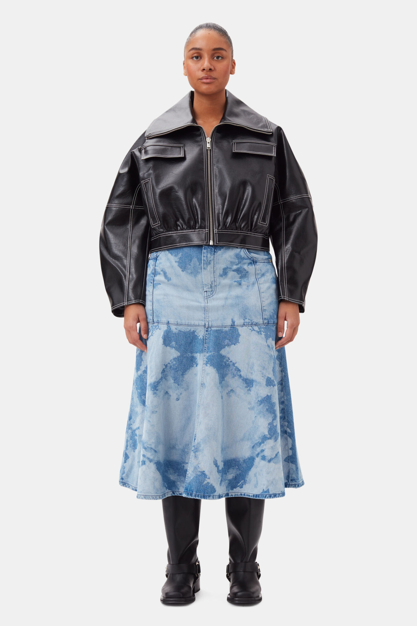 Blue Bleach Denim Flounce Midi Nederdel, Cotton, in colour Light Blue Stone - 5 - GANNI