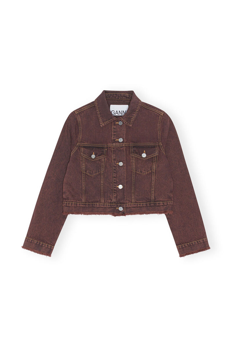 Overdyed Bleach Denim Cropped Jacket, Cotton, in colour Shaved Chocolate - 1 - GANNI