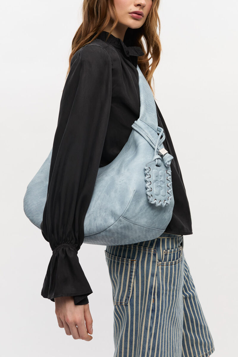 Bleached Medium Hobo Bag, Recycled Polyester, in colour Celestial Blue - 2 - GANNI