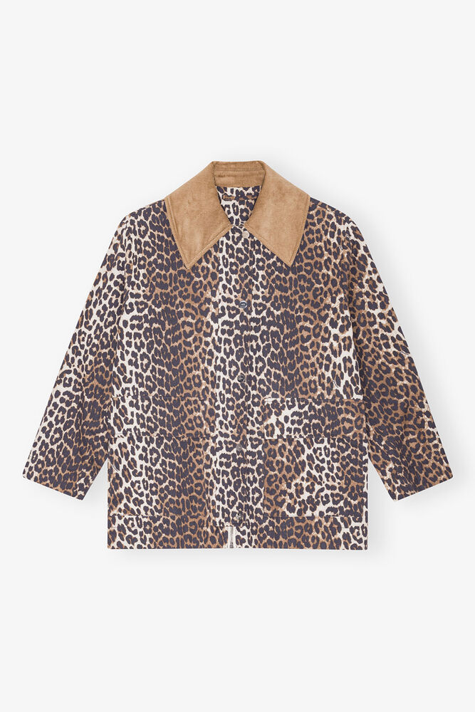 Leopard Printed Canvas Midi Jacket, Almond Milk