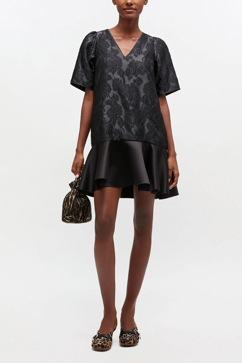 Satin Cloque Mini Dress, Recycled Polyester, in colour Black - 1 - GANNI