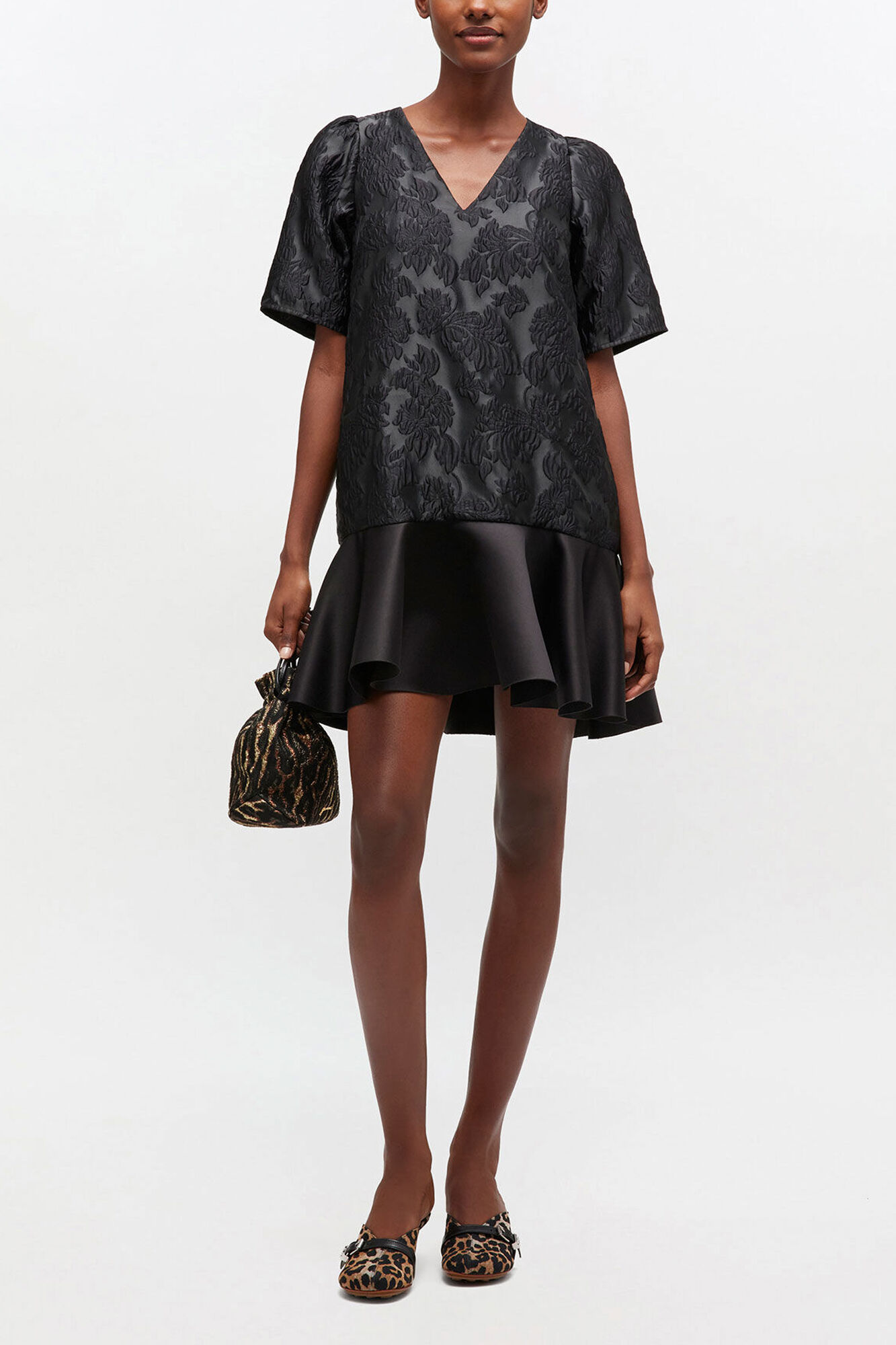 Satin Cloque Mini Dress, Recycled Polyester, in colour Black - 1 - GANNI