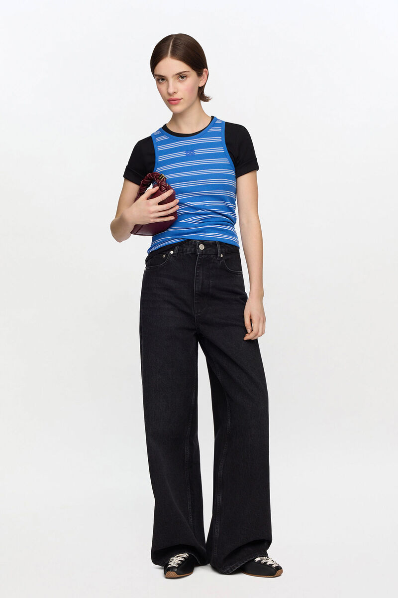 Tank Top with Stripes, Organic Cotton, in colour Nouvean Navy - 1 - GANNI
