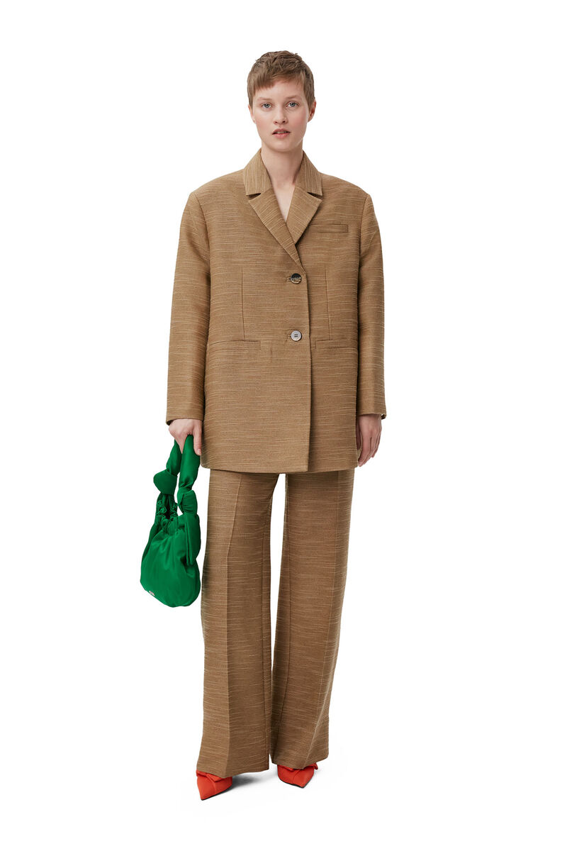 Brown Slub Linen Oversized Blazer, LENZING™ ECOVERO™, in colour Petrified Oak - 5 - GANNI