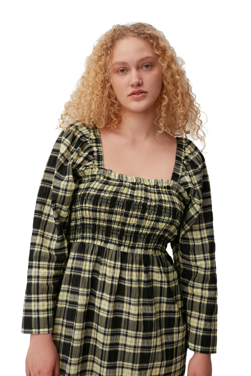 Checkered Seersucker Maxi Dress, Cotton, in colour Check Elfin Yellow - 6 - GANNI
