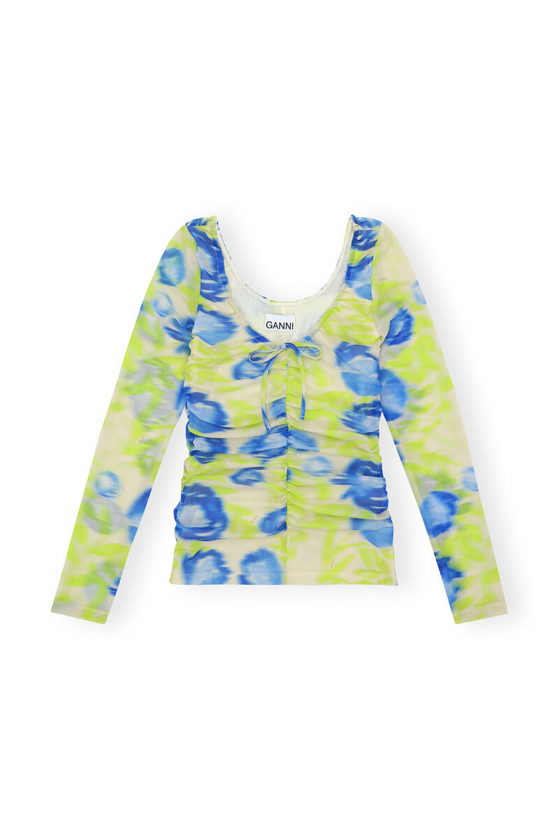 Printed Mesh U-neck Ruched Blouse, Elastane, in colour Strong Blue - 1 - GANNI