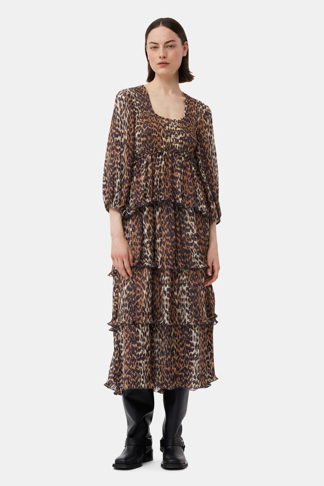 Leopard Pleated Georgette Flounce Smock Midi Dress, Almond Milk