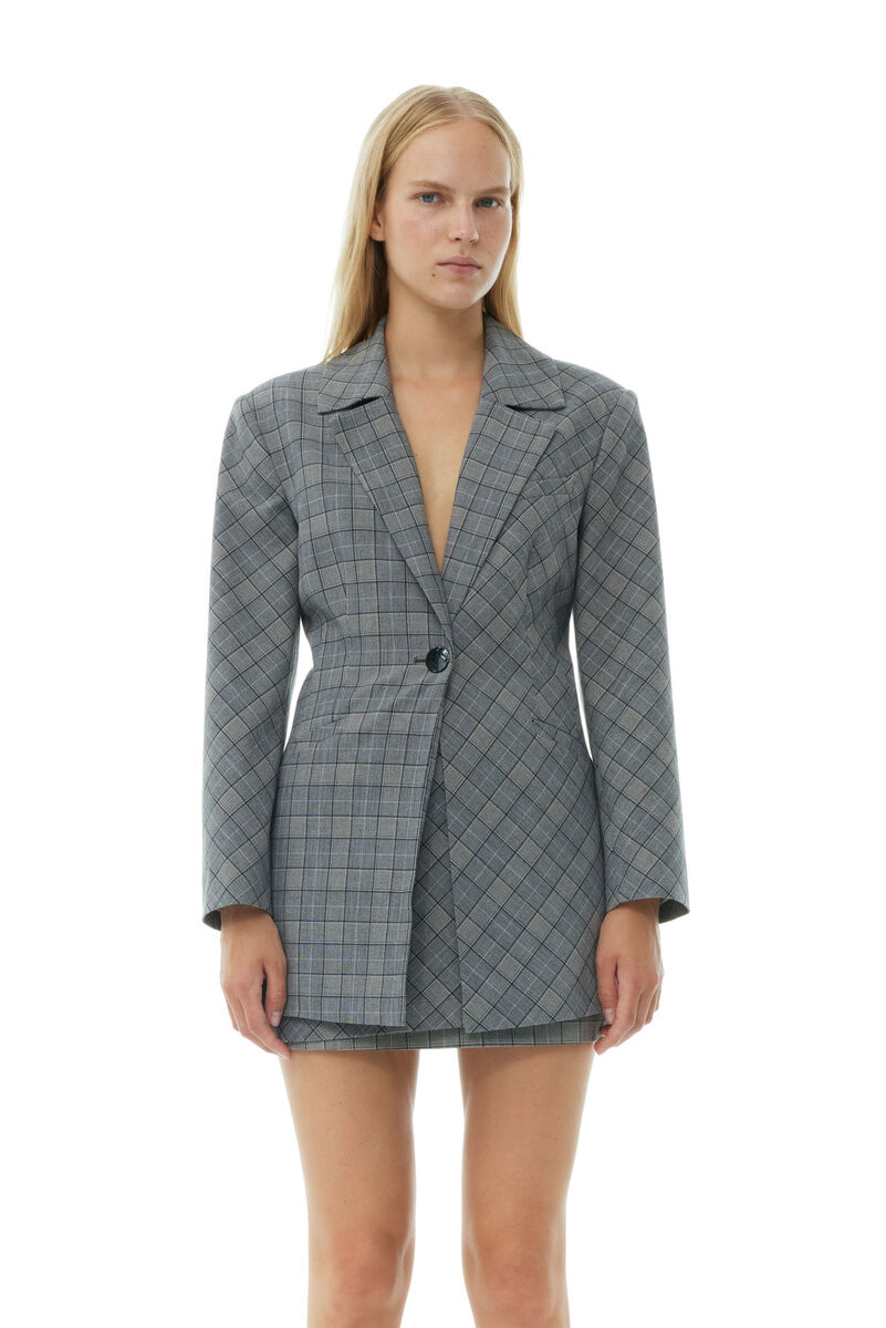 Grey Checkered Fitted-blazer, Elastane, in colour Frost Gray - 1 - GANNI