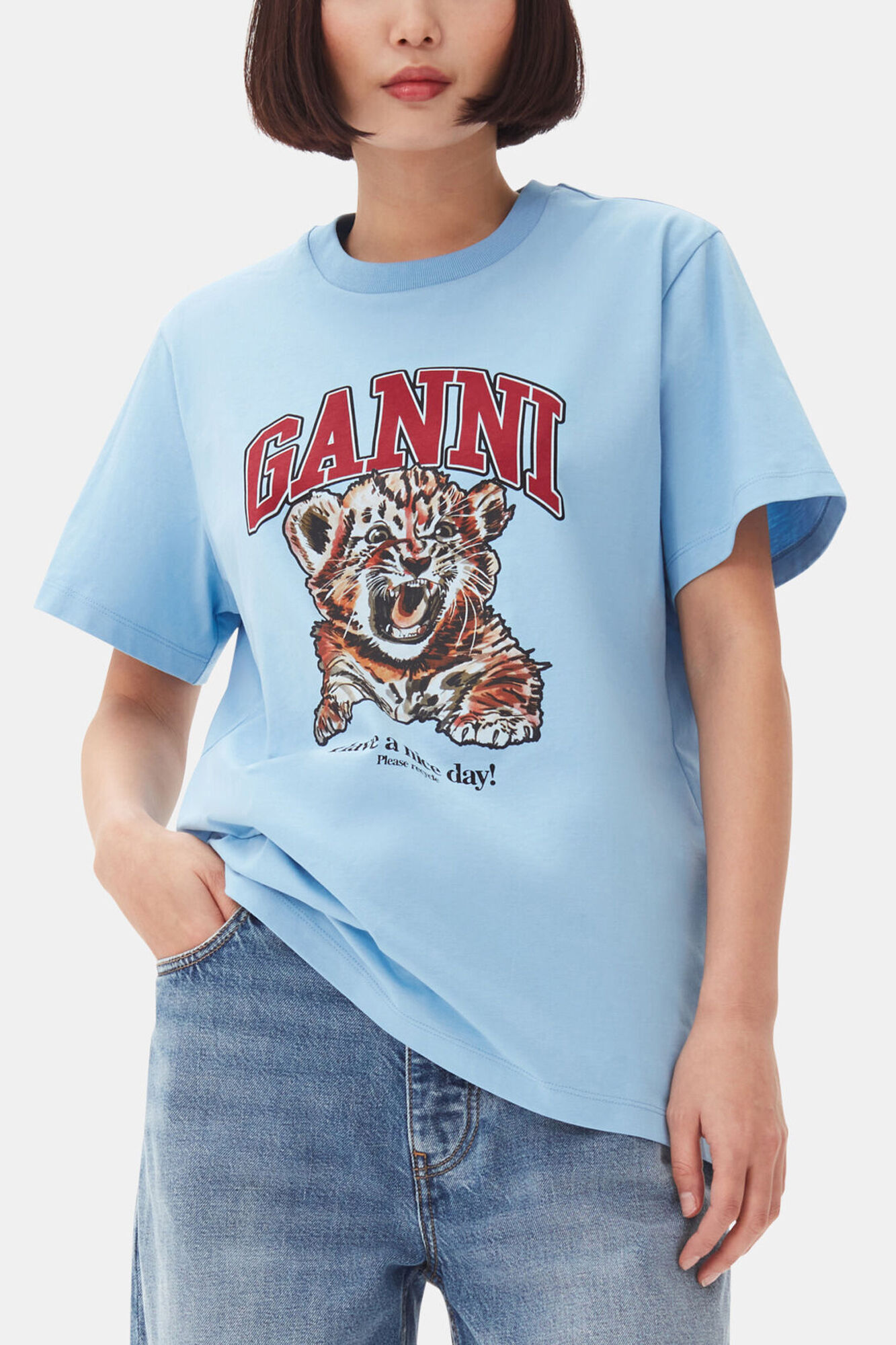 【新品】GANNI Printed Cotton V-neck Shirt Black Basic Cotton Witch Relaxed T-shirt | GANNI IT