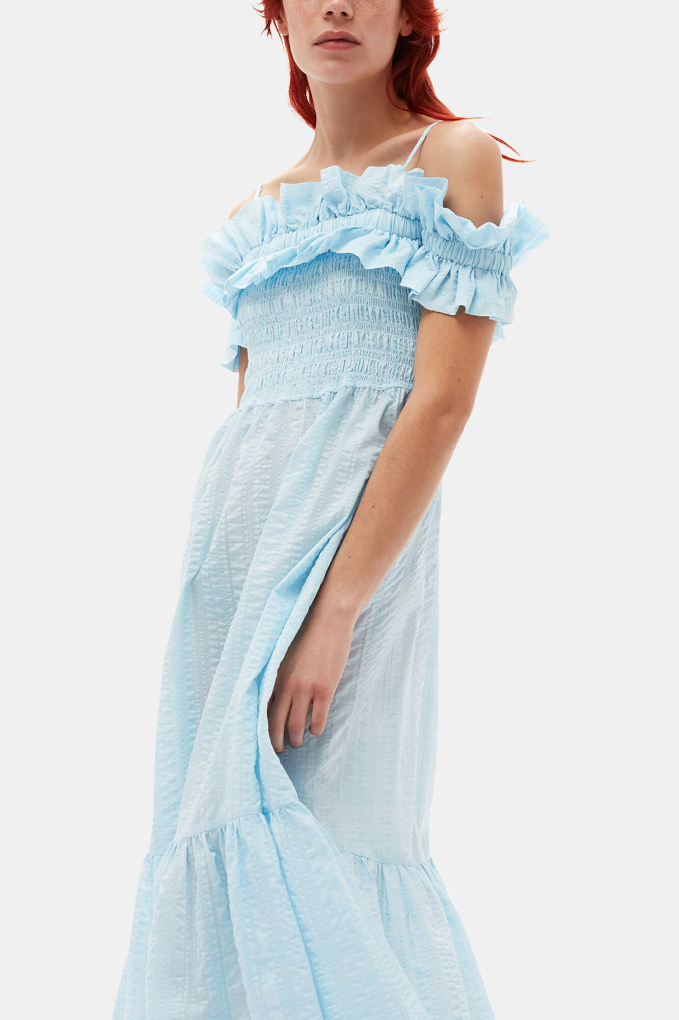 Seersucker Check Smock Maxi Dress, Organic Cotton, in colour Ice Water - 3 - GANNI