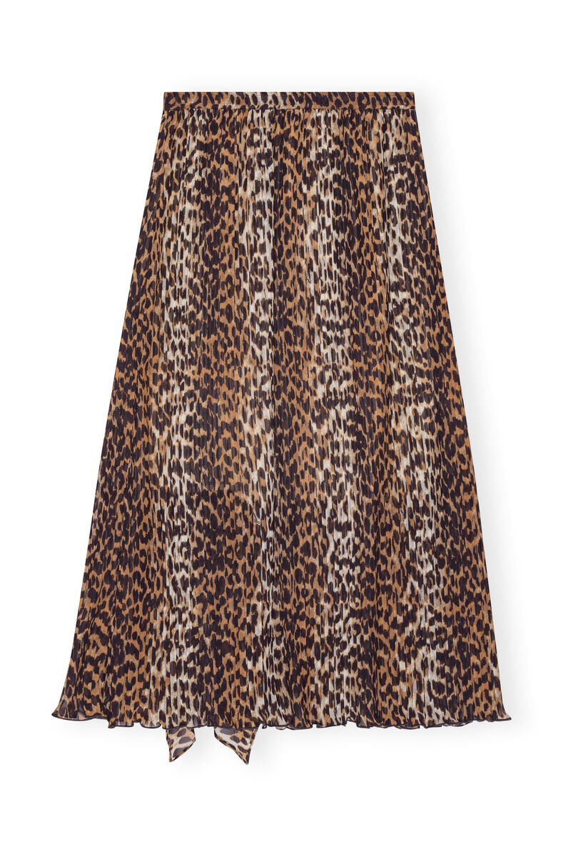 Leopard Pleated Georgette Midi Flounce Rock, Recycled Polyester, in colour Almond Milk - 2 - GANNI