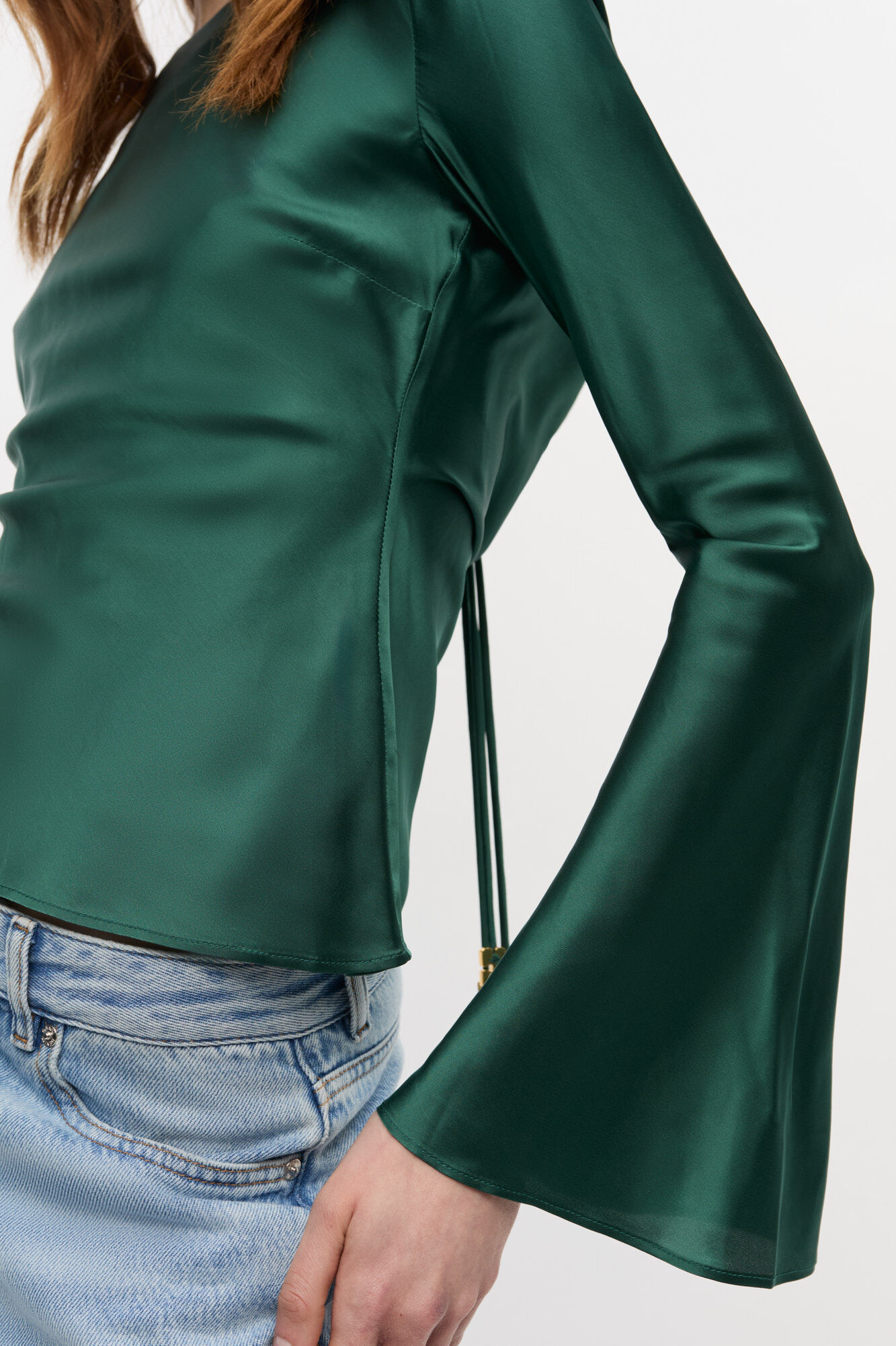 Green Satin Blouse, Elastane, in colour Pineneedle - 4 - GANNI