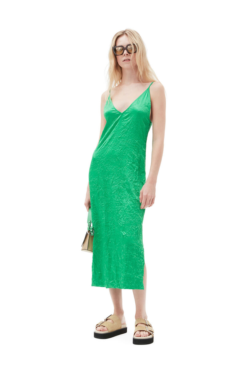 Green Crinkled Satin Slip Dress, Elastane, in colour Bright Green - 5 - GANNI