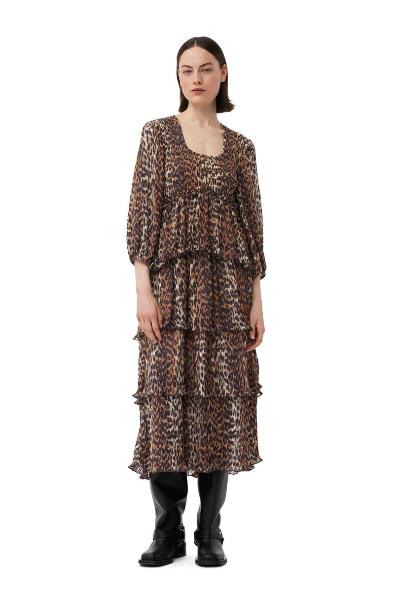 Leopard Pleated Georgette Flounce Smock Midikjole, Recycled Polyester, in colour Almond Milk - 1 - GANNI