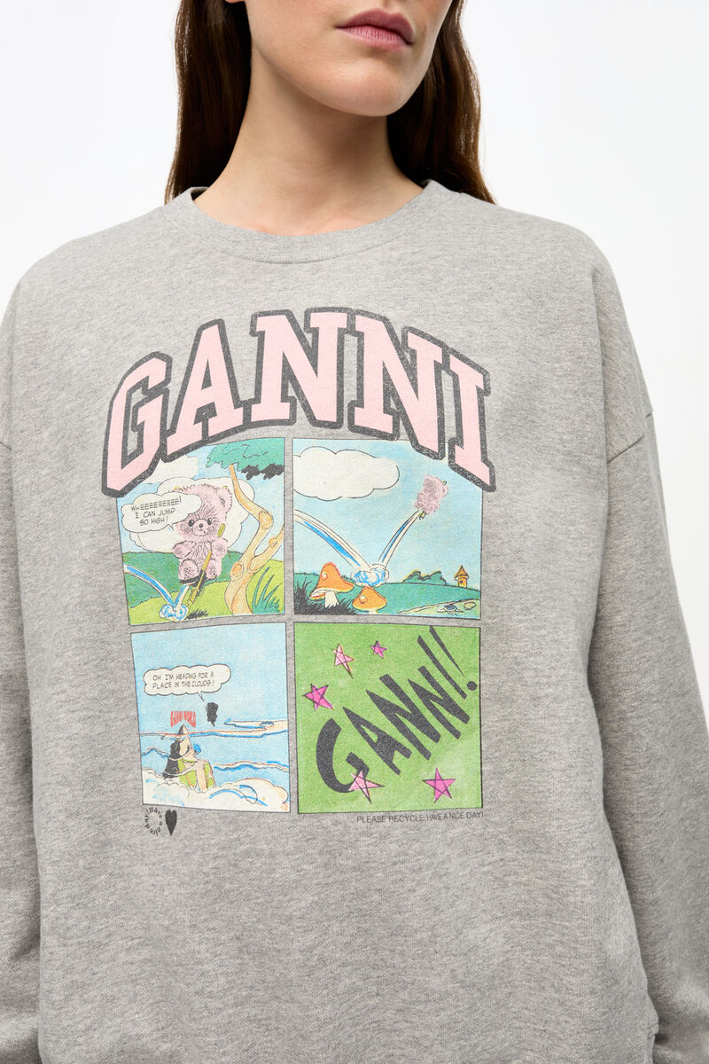 Grey Isoli Oversized Graphic Sweatshirt, Organic Cotton, in colour Paloma Melange - 3 - GANNI