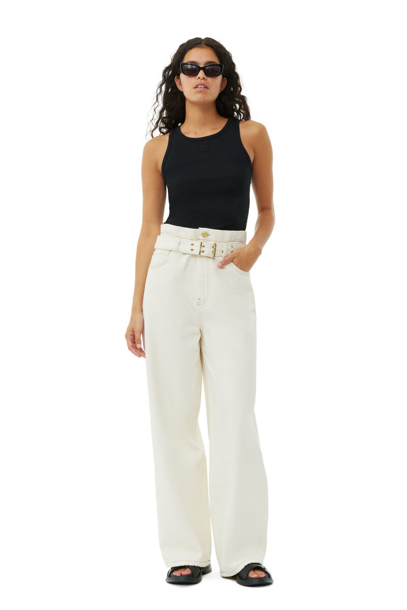 White Heavy Denim Paperbag-jeans, Cotton, in colour Egret - 1 - GANNI