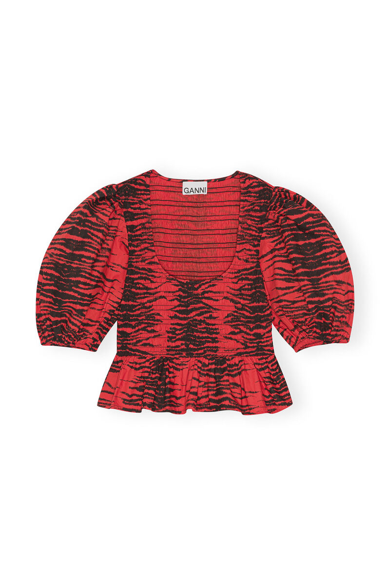 Kürzer geschnittene gesmokte Bluse, Cotton, in colour Fiery Red - 1 - GANNI