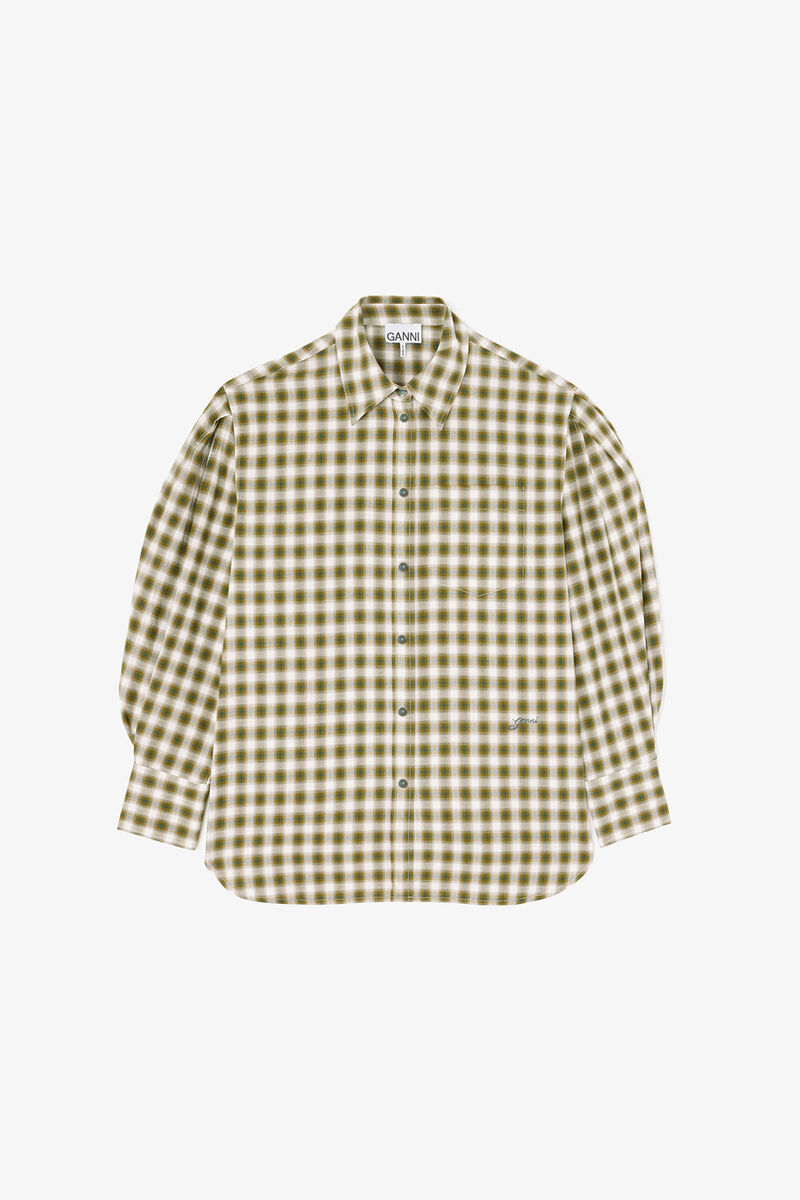 Shirt in Light Check Flannel, Organic Cotton, in colour Green Moss - 1 - GANNI