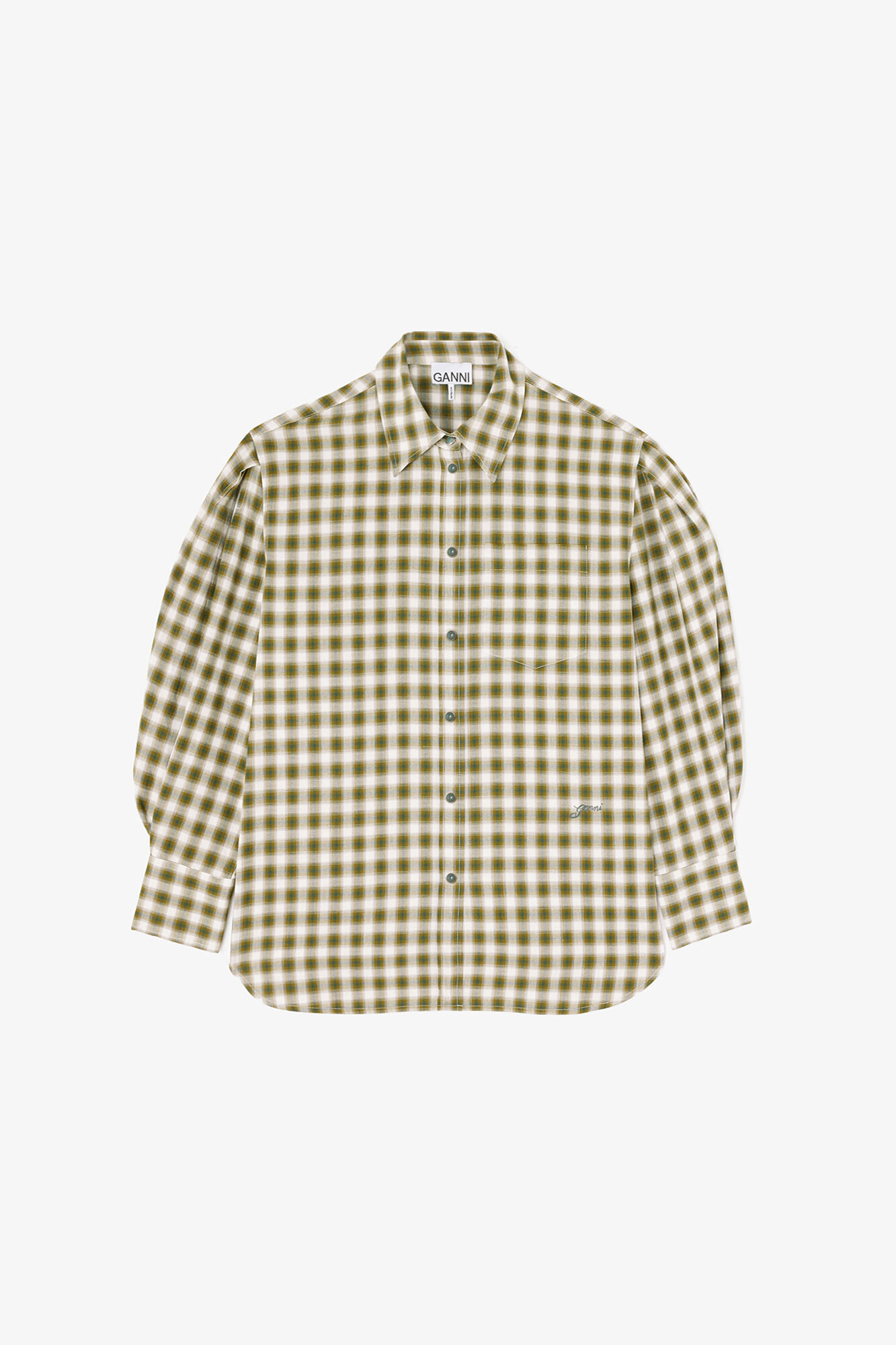 Shirt in Light Check Flannel, Organic Cotton, in colour Green Moss - 1 - GANNI